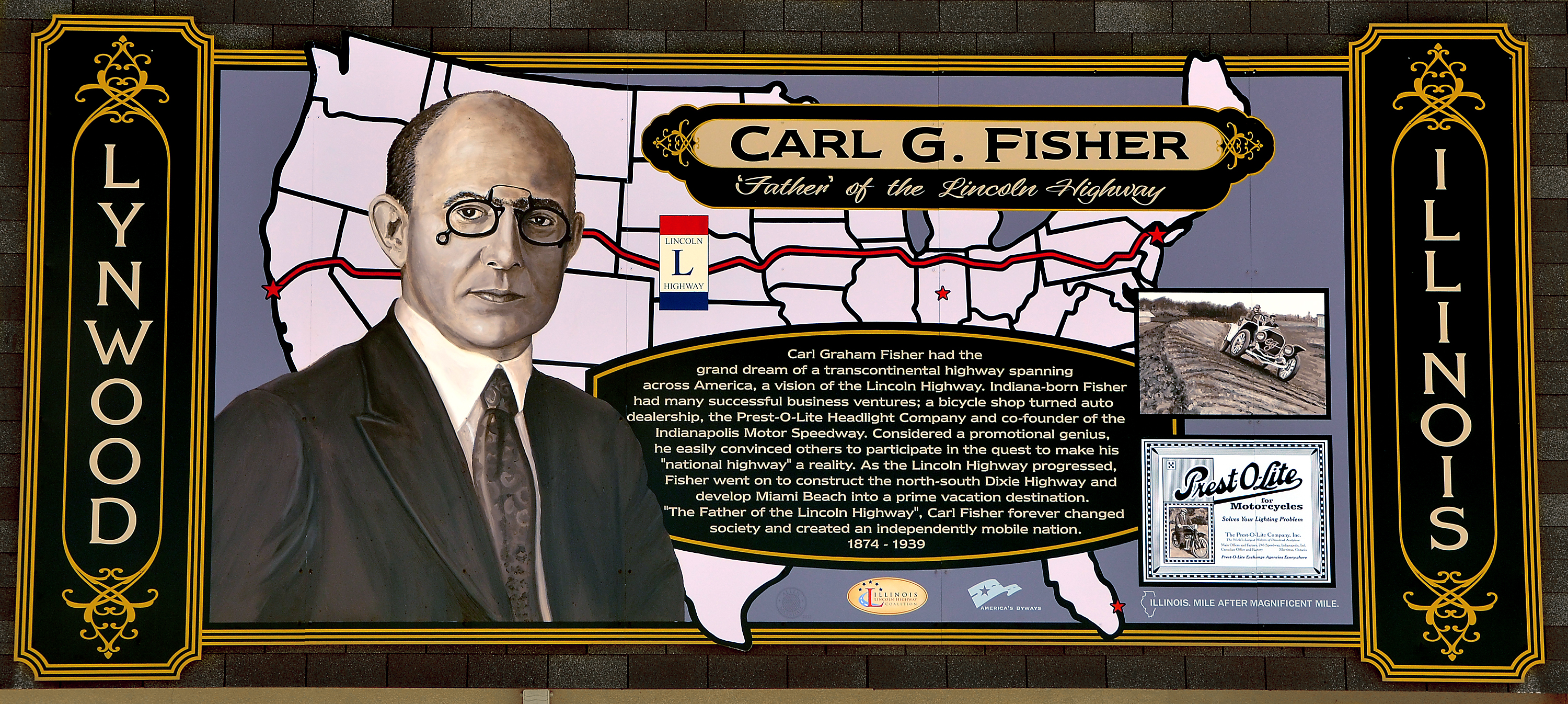 mural of carl fischer with a  map of the united states in the background with 