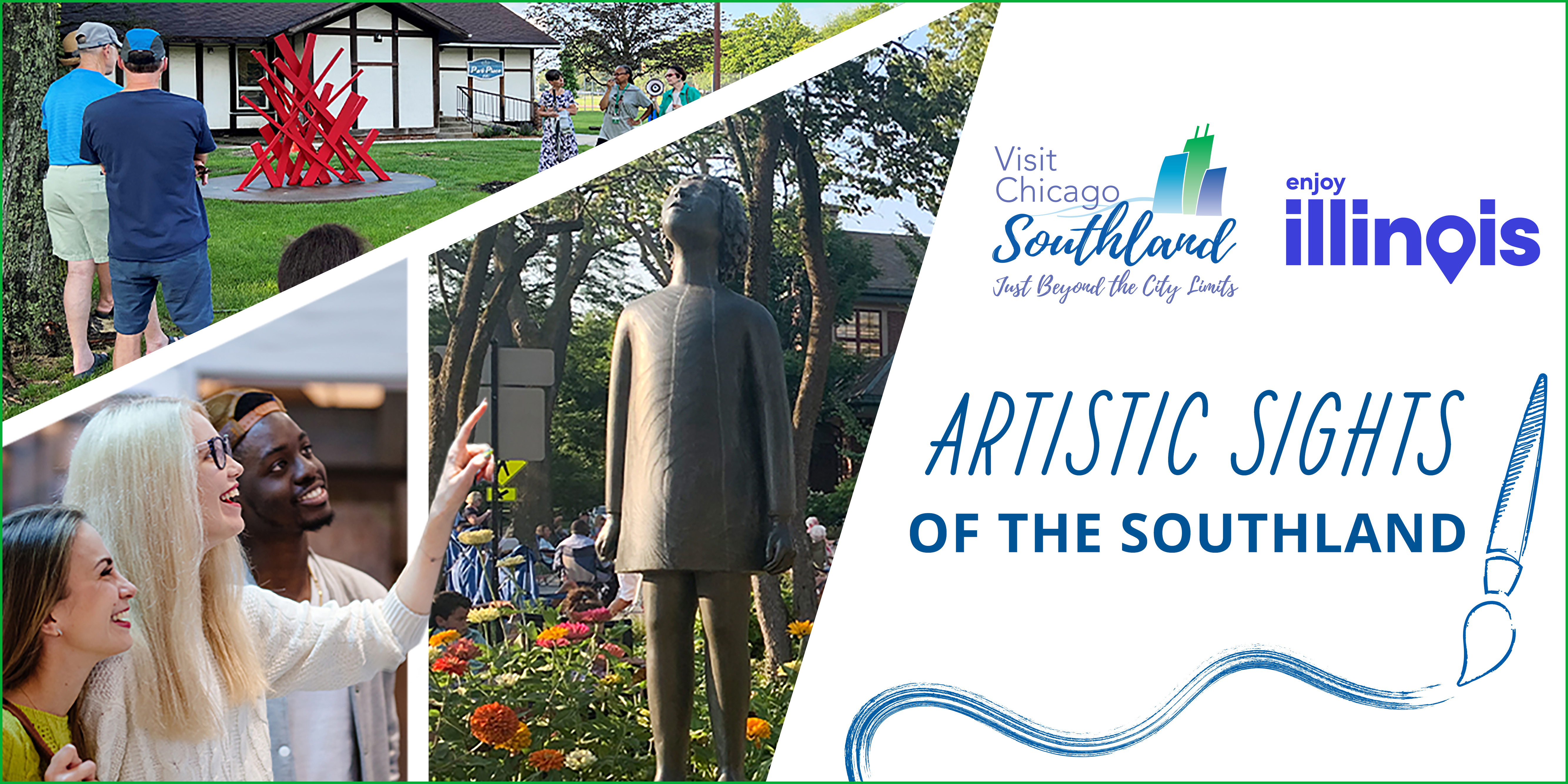 Artistic Sights text with people enjoying outdoor sculptures