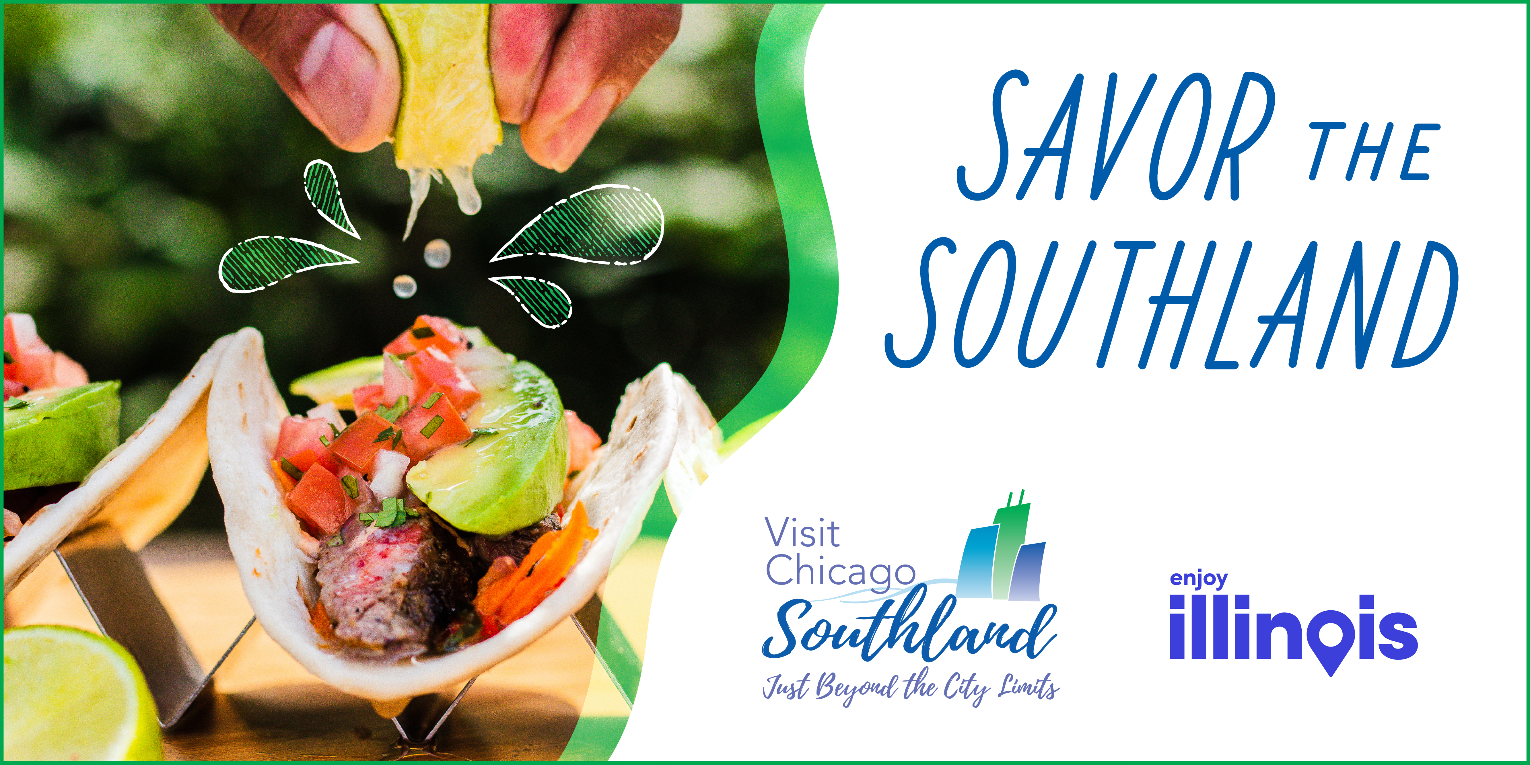 Savor the Southland text and fish tacos wtih someone squeezing a lime above the tacos