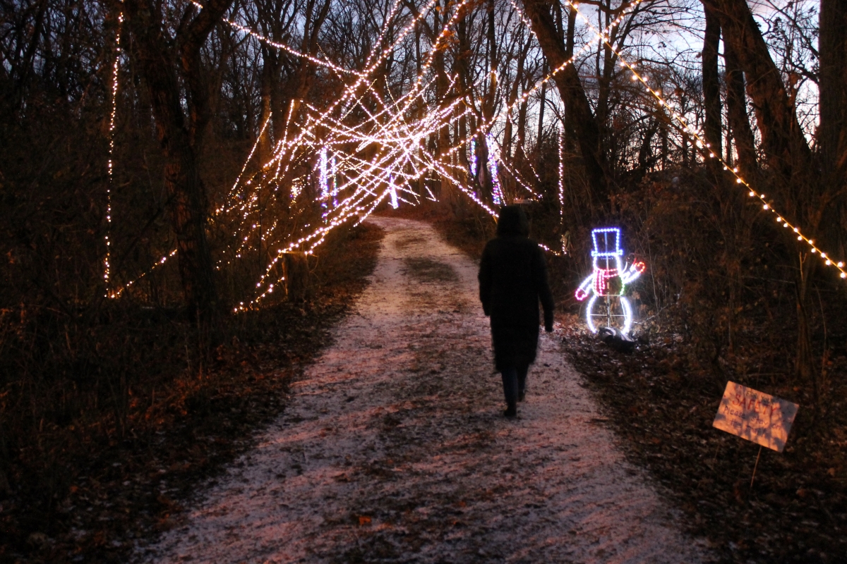 an adult waliing on a lit up trail with a lighted snowman on hte path